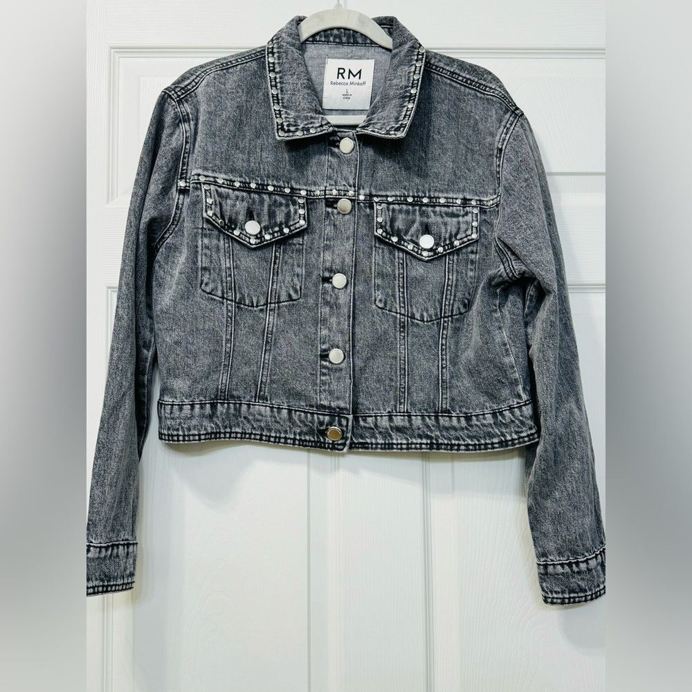 NWOT Rebecca Minkoff Studded Light Black Wash Denim Jean Jacket Women’s Sz L - Picture 9 of 16